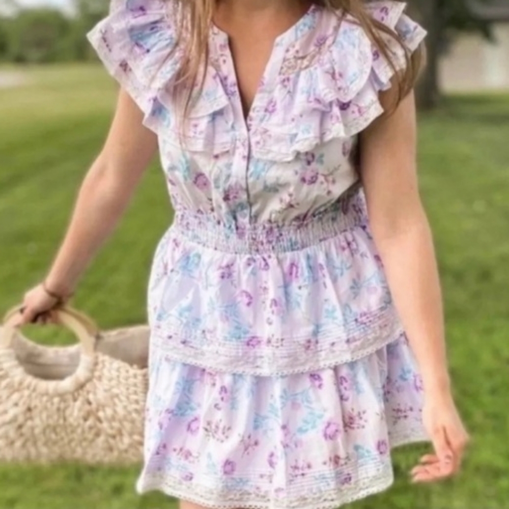 Love Shack Fancy Lou Double Ruffle Dress Sz M LAVENDER Floral x Target - Picture 9 of 15